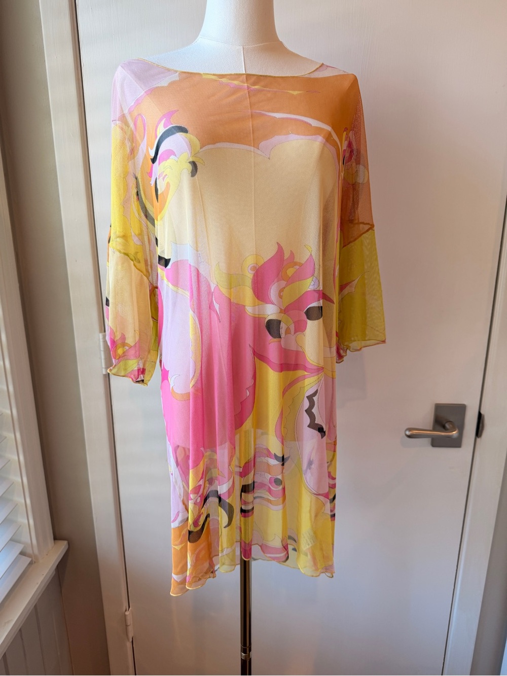 Pucci Sheer Floral Print Swim Cover Up in Pink, Yellow and Peach - Picture 2 of 7